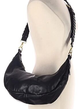 Classic Black Leather Hobo Shoulder Bag